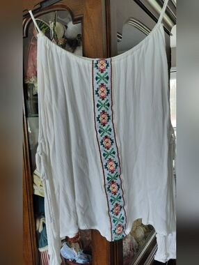 White Boho Embroidered Spaghetti Strap Women's Top W/ Tie sleeves